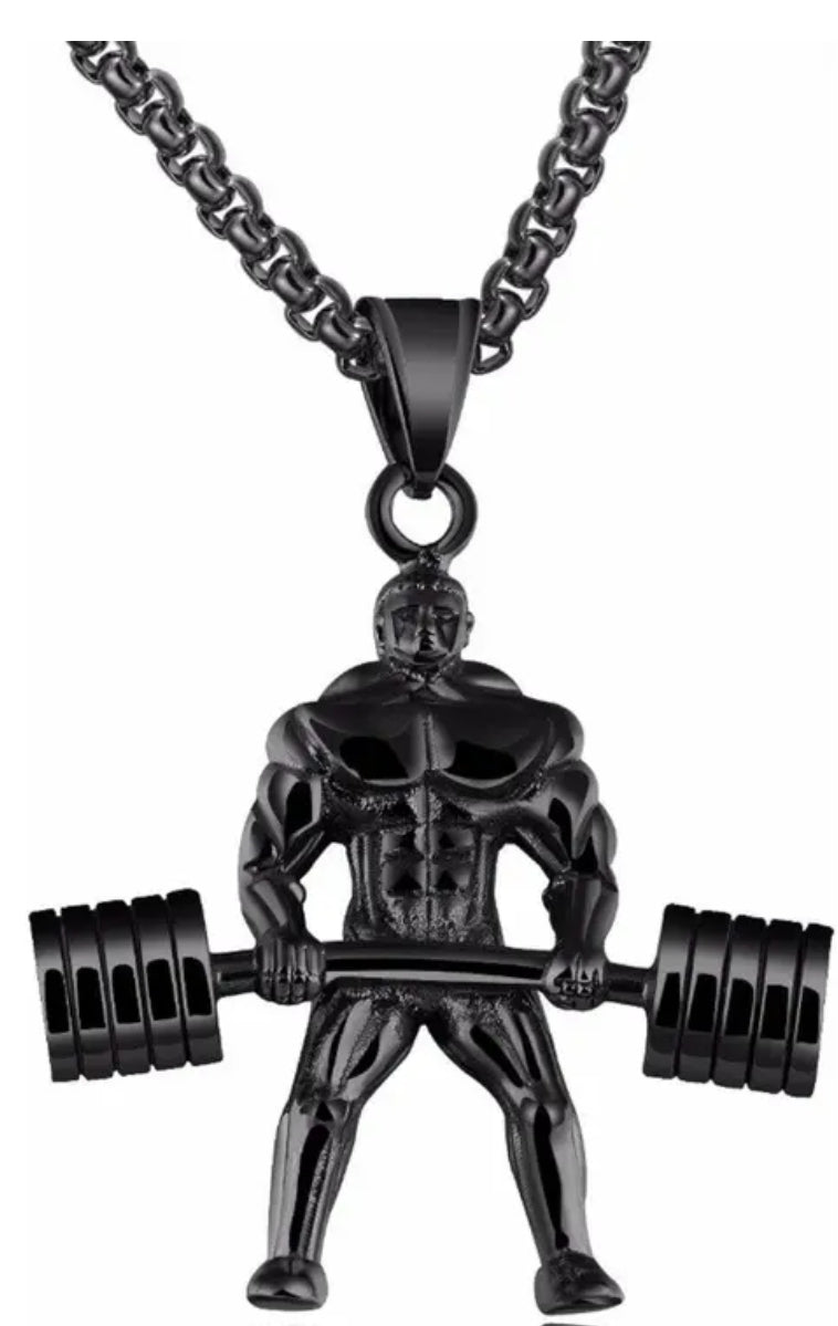 Unisex Black Color Deadlifting/Weightlifting Figure Fitness Gym Muscle Bodybuilding Curved Dumbbell Rod Barbell Hercules Charm Locket Pendant Necklace With Box Chain