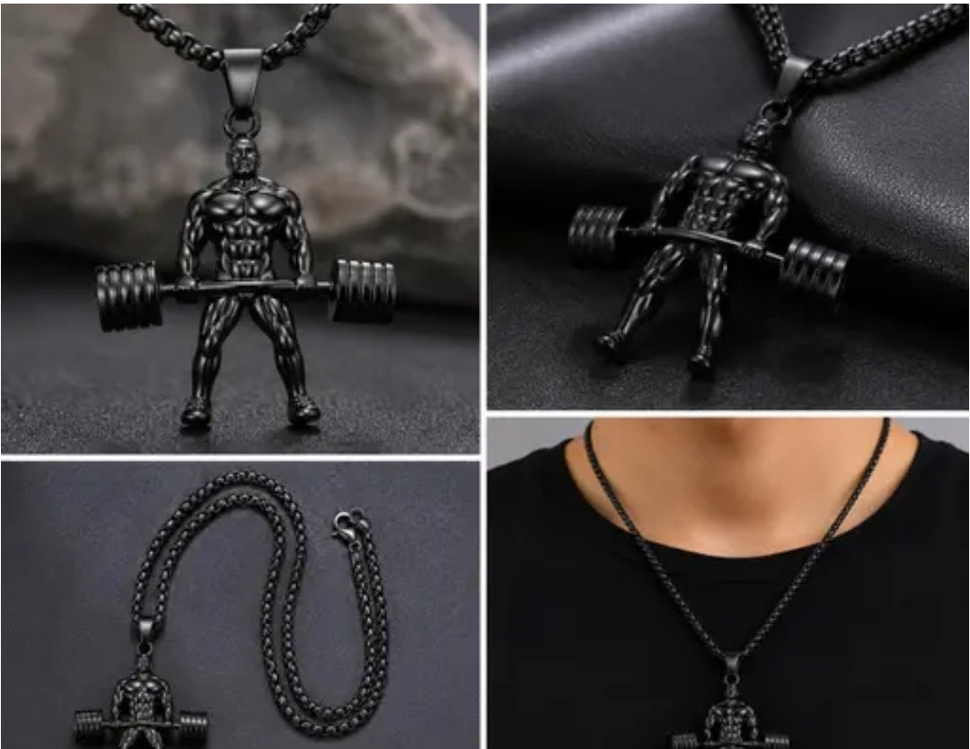 Unisex Black Color Deadlifting/Weightlifting Figure Fitness Gym Muscle Bodybuilding Curved Dumbbell Rod Barbell Hercules Charm Locket Pendant Necklace With Box Chain