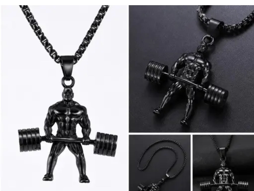 Unisex Black Color Deadlifting/Weightlifting Figure Fitness Gym Muscle Bodybuilding Curved Dumbbell Rod Barbell Hercules Charm Locket Pendant Necklace With Box Chain