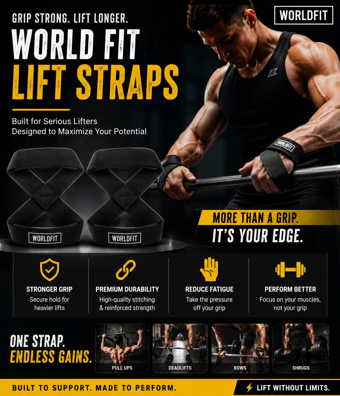 Worldfit Slip Resistant Deadlift Straps For Gym Figure 8 Lifting Straps Gym Weightlifting Straps Wrist Support For Gym Men With Soft Paddings, Better Grip