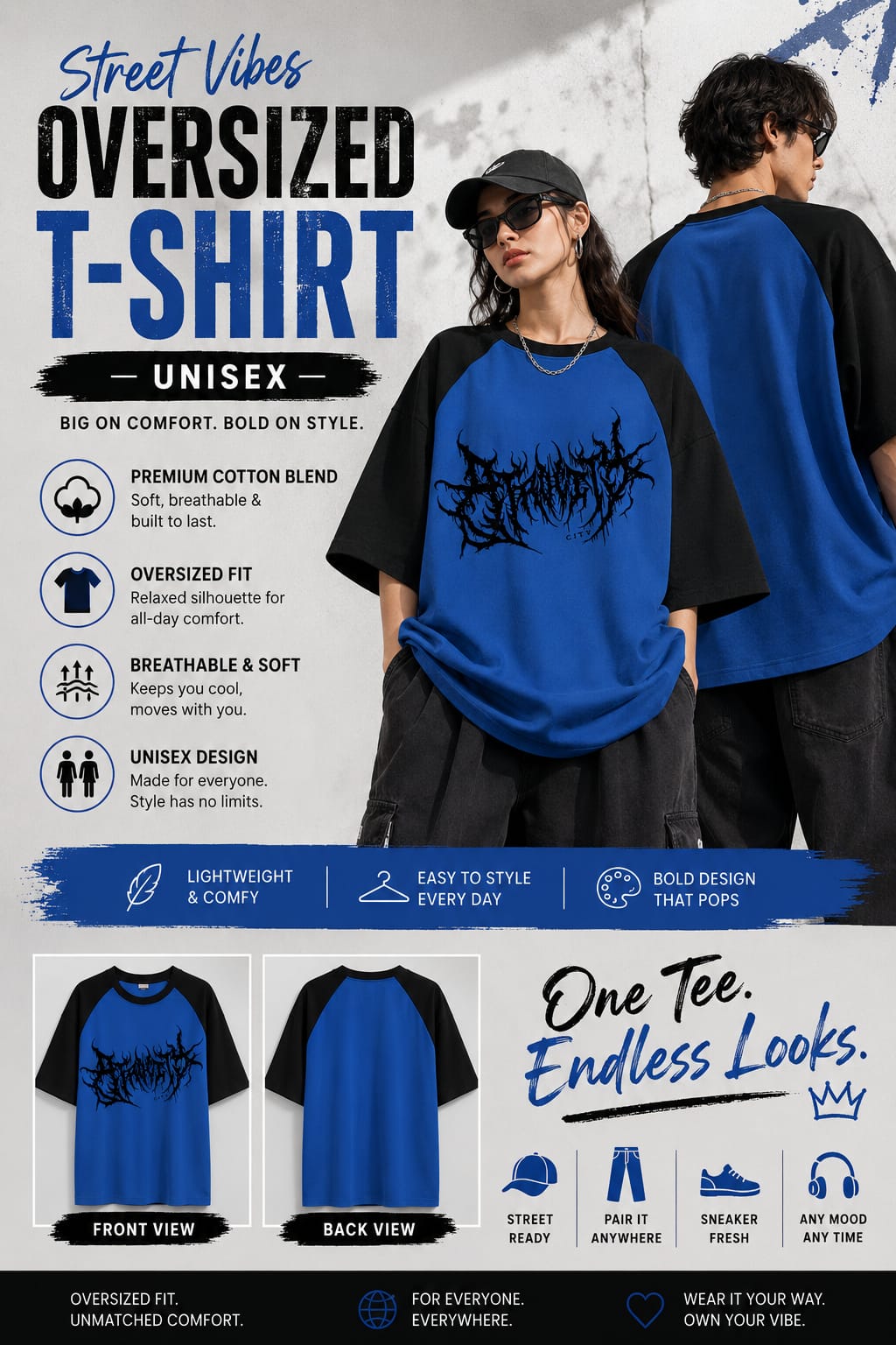 Unisex Blue & Black Oversized Graphic T-Shirt | Gothic Streetwear Raglan Tee