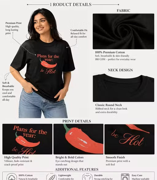 Women's Black Oversized Printed T-Shirt | "Plans for the Year: Be Hot" Graphic Design | Round Neck Casual Cotton Tee