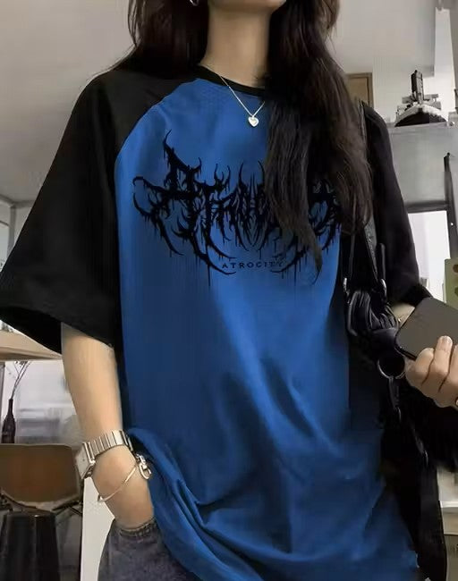 Unisex Blue & Black Oversized Graphic T-Shirt | Gothic Streetwear Raglan Tee