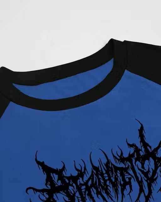 Unisex Blue & Black Oversized Graphic T-Shirt | Gothic Streetwear Raglan Tee