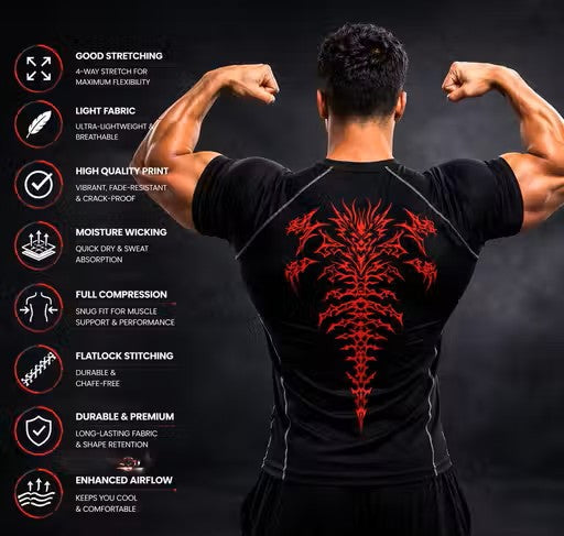 Men’s Gym Compression T-Shirt Printed | Body Hugging Fit | High Stretch Activewear | Workout Running Tee